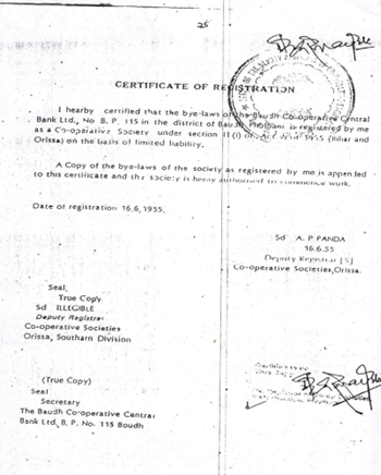 Certificate of Registration of The Boudh Co-Operative Central Bank Ltd.